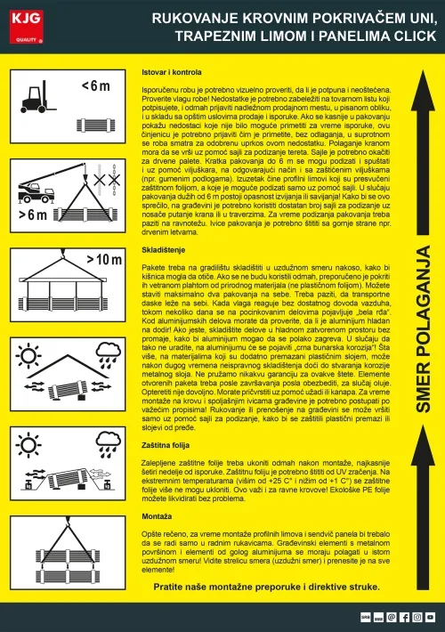 Rukovanje krovnim pokrivačem UNI, trapeznim limom i panelima CLICK